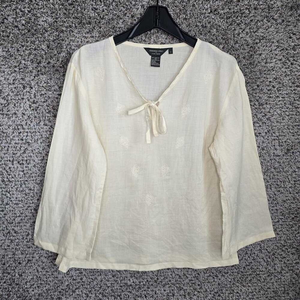Amanda Vinci Studio Nazar Top Womens 12 Yellow‎ Linen Semi Sheer Blouse Neck Tie